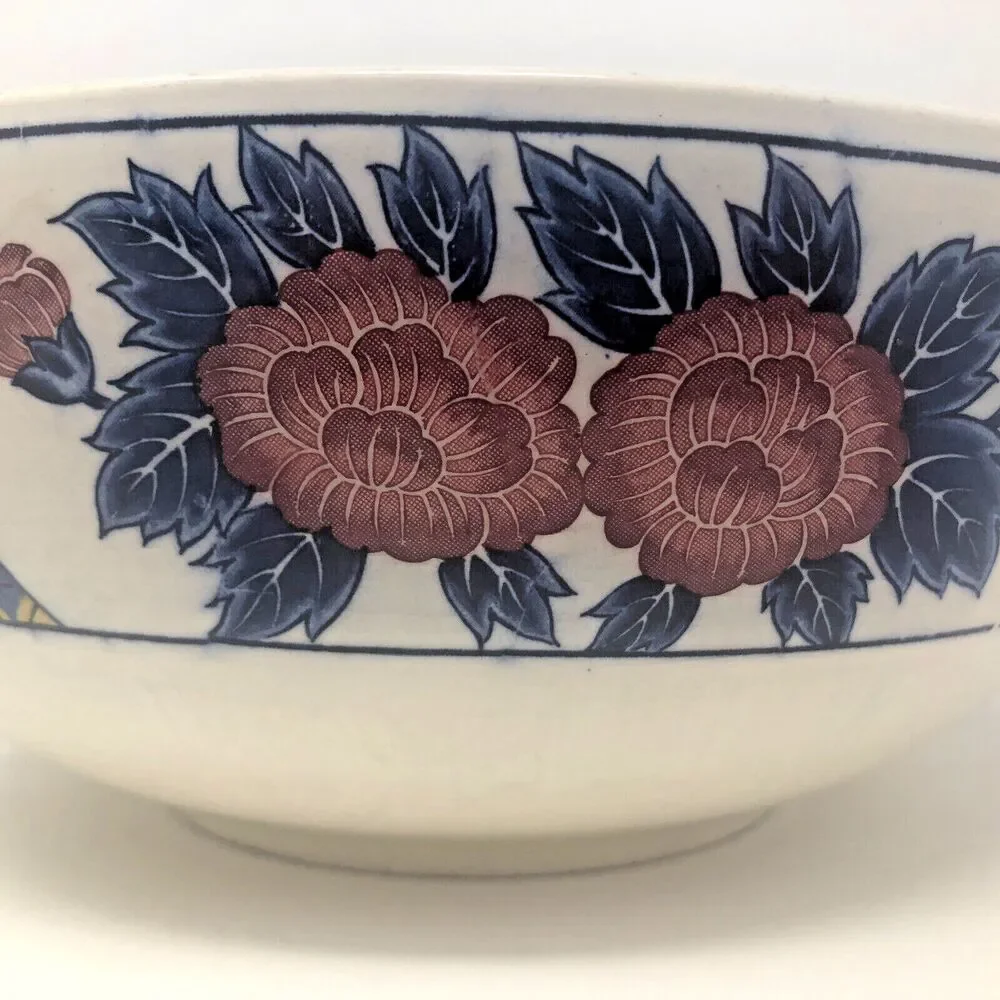 Japanese Arita Imari Bowl Blue Cream Gold Flowers Birds Vintage Porcelain 9 3/4